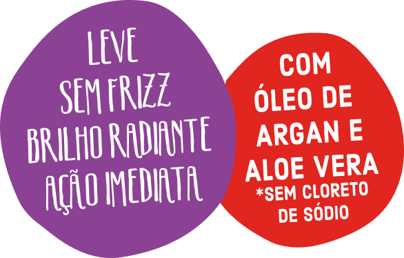 Leve; Sem Frizz; Brilho Radiante; Ação Imediata. Com óleo de argan e aloe vera *sem cloreto de sódio.